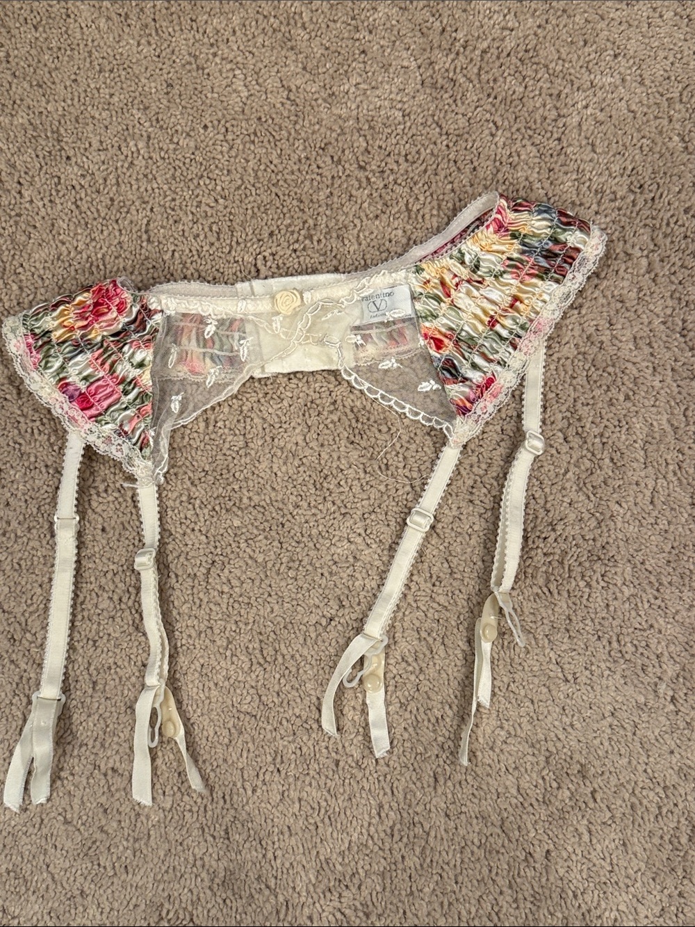 Vintage Valentino Ivory Floral Lace Garter Belt with Multi-Color Embroidery